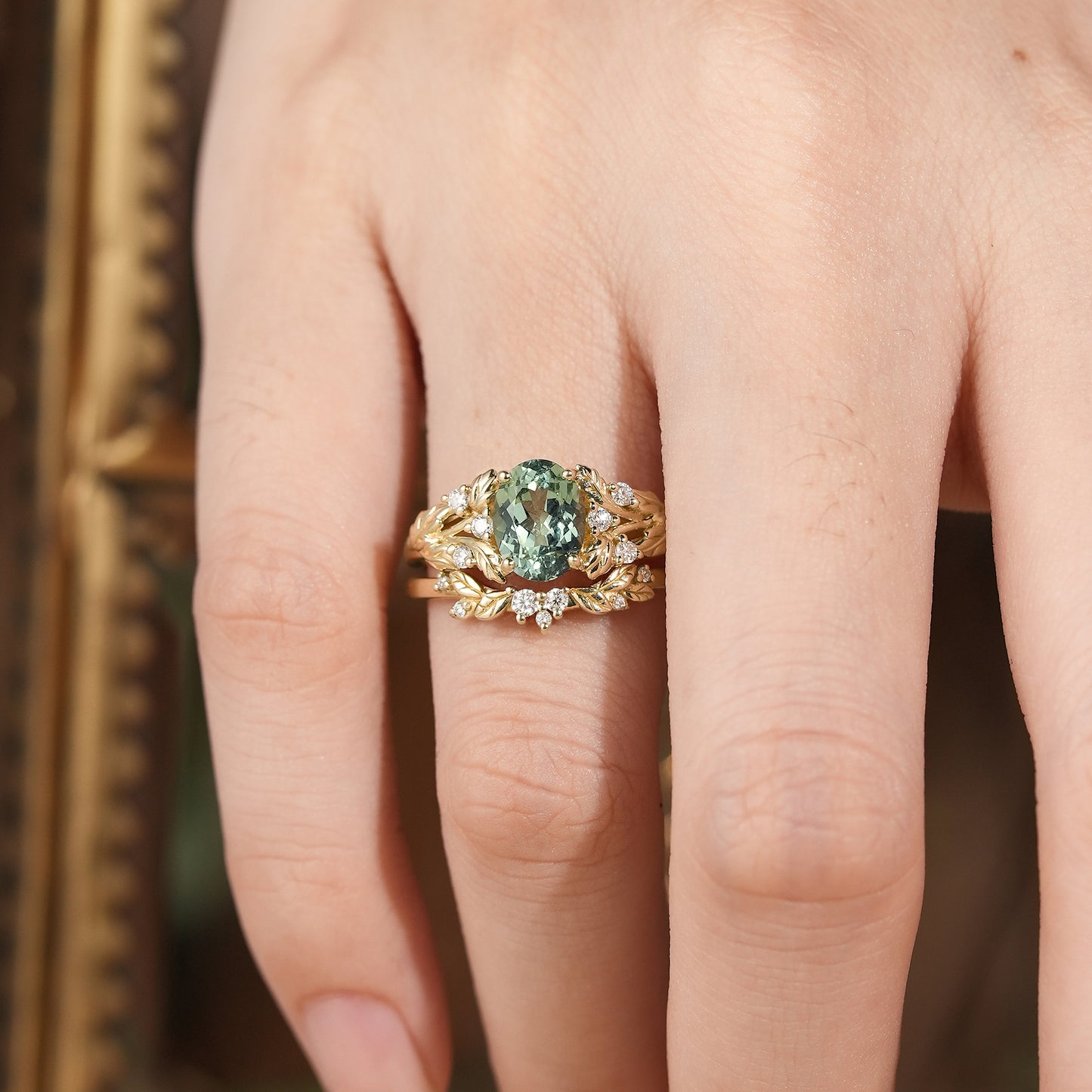 Oval Green Sapphire & Moissanite Ring Set
