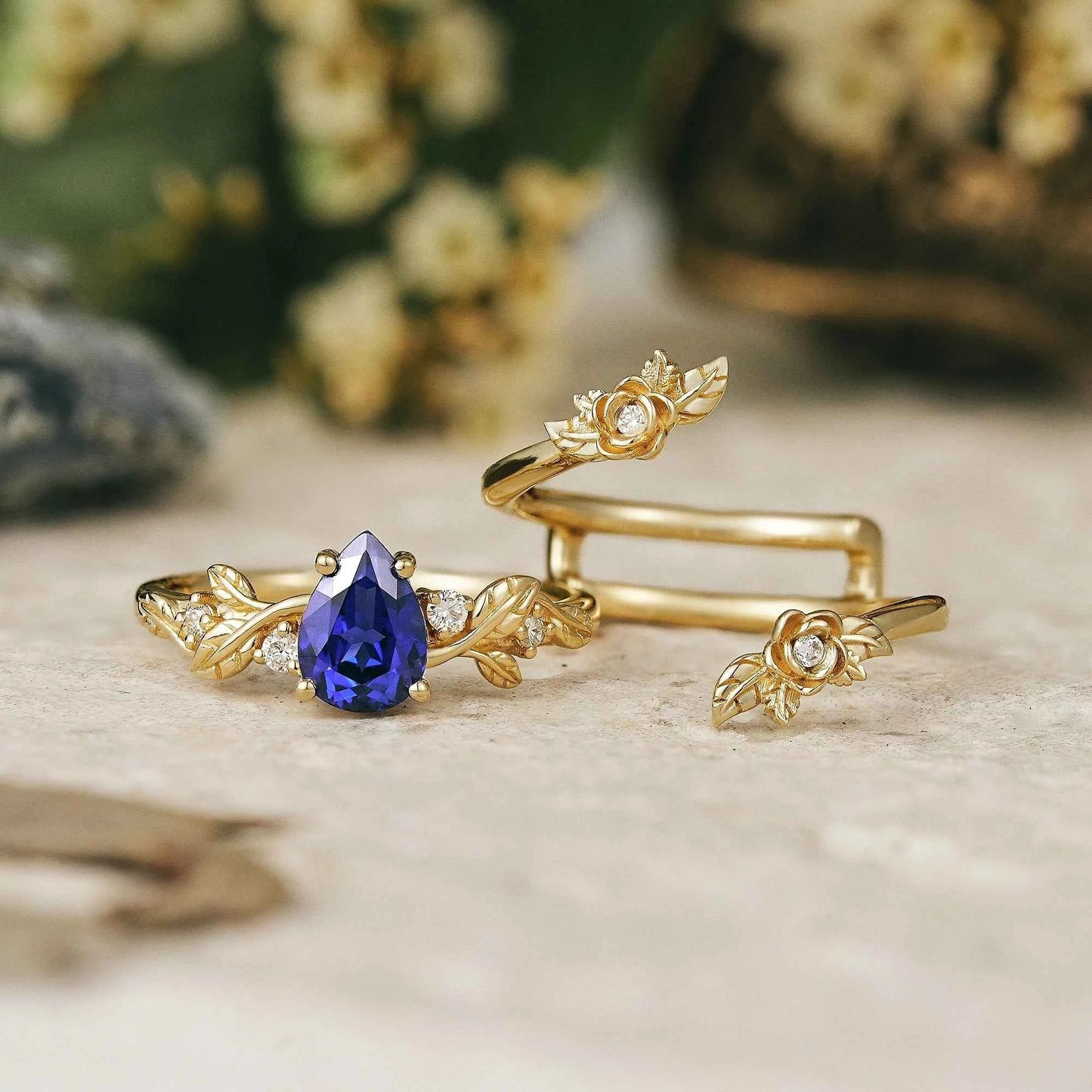 Pear Cut Royal Blue Sapphire Floral Ring Set Rose Blossom - Camille