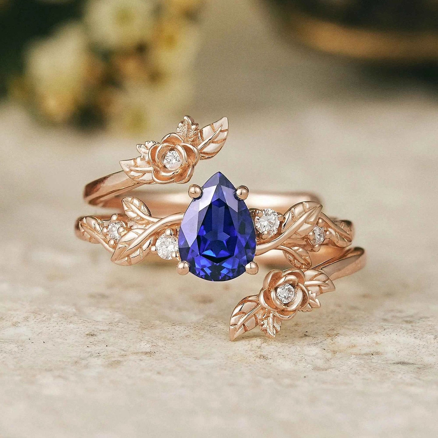 Pear Cut Royal Blue Sapphire Floral Ring Set Rose Blossom - Camille