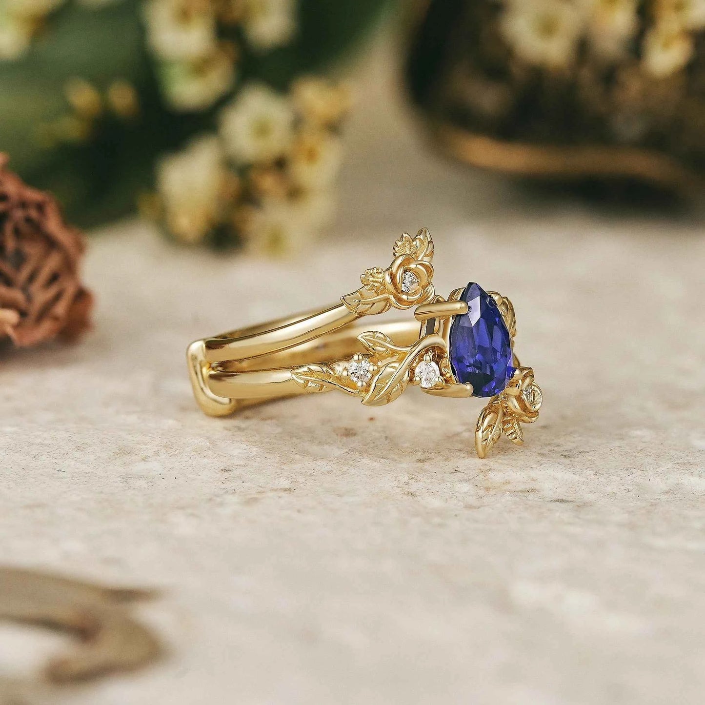 Pear Cut Royal Blue Sapphire Floral Ring Set Rose Blossom - Camille