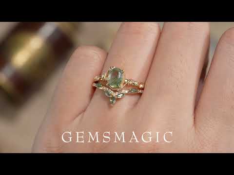 Load and play video in Gallery viewer, Oval Moss Agate Cluster Leaf Engagement Ring Set 2pcs - GemsMagic