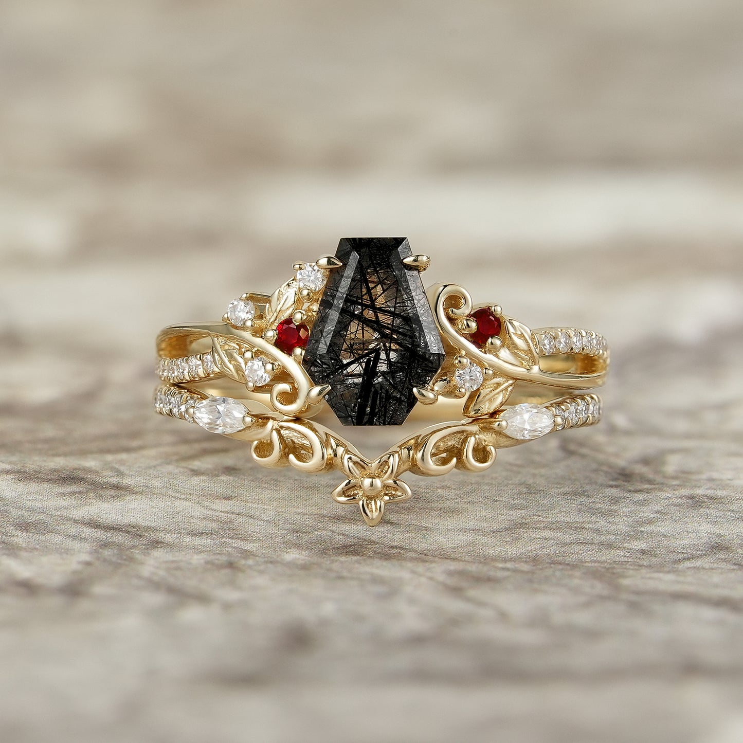 Leaf-Inspired Black Rutilated Quartz Bridal Set-Lio - GemsMagic
