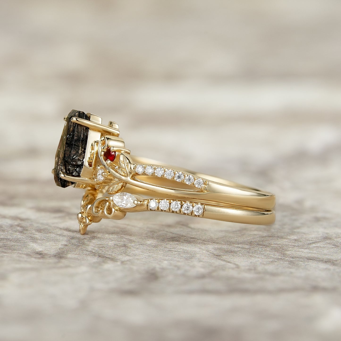 Leaf-Inspired Black Rutilated Quartz Bridal Set-Lio - GemsMagic