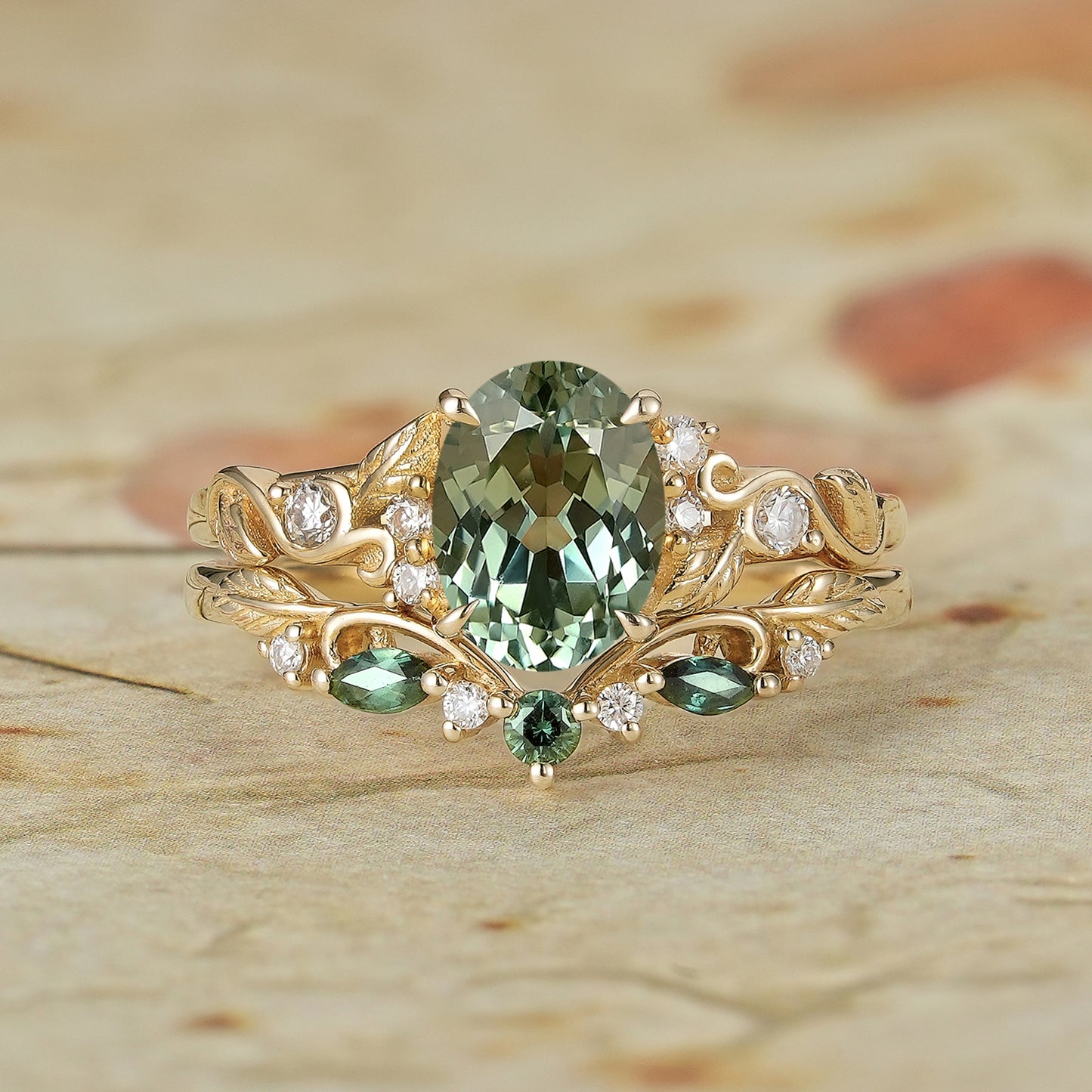 Oval Green Sapphire Engagement Ring Set 2pcs