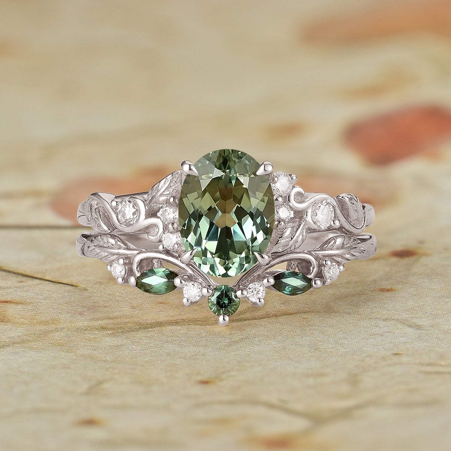 Oval Green Sapphire Engagement Ring Set 2pcs