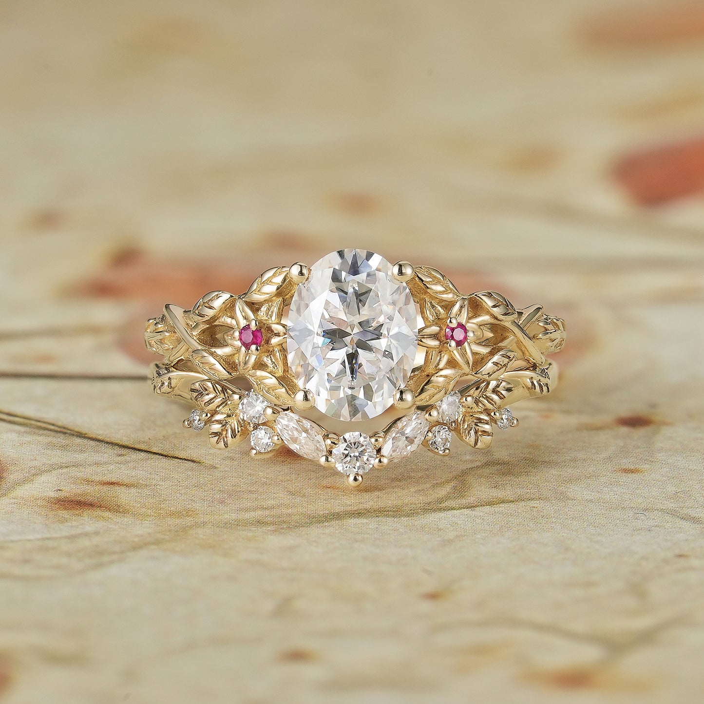 2pcs Moissanite Engagement Ring Set with Ruby