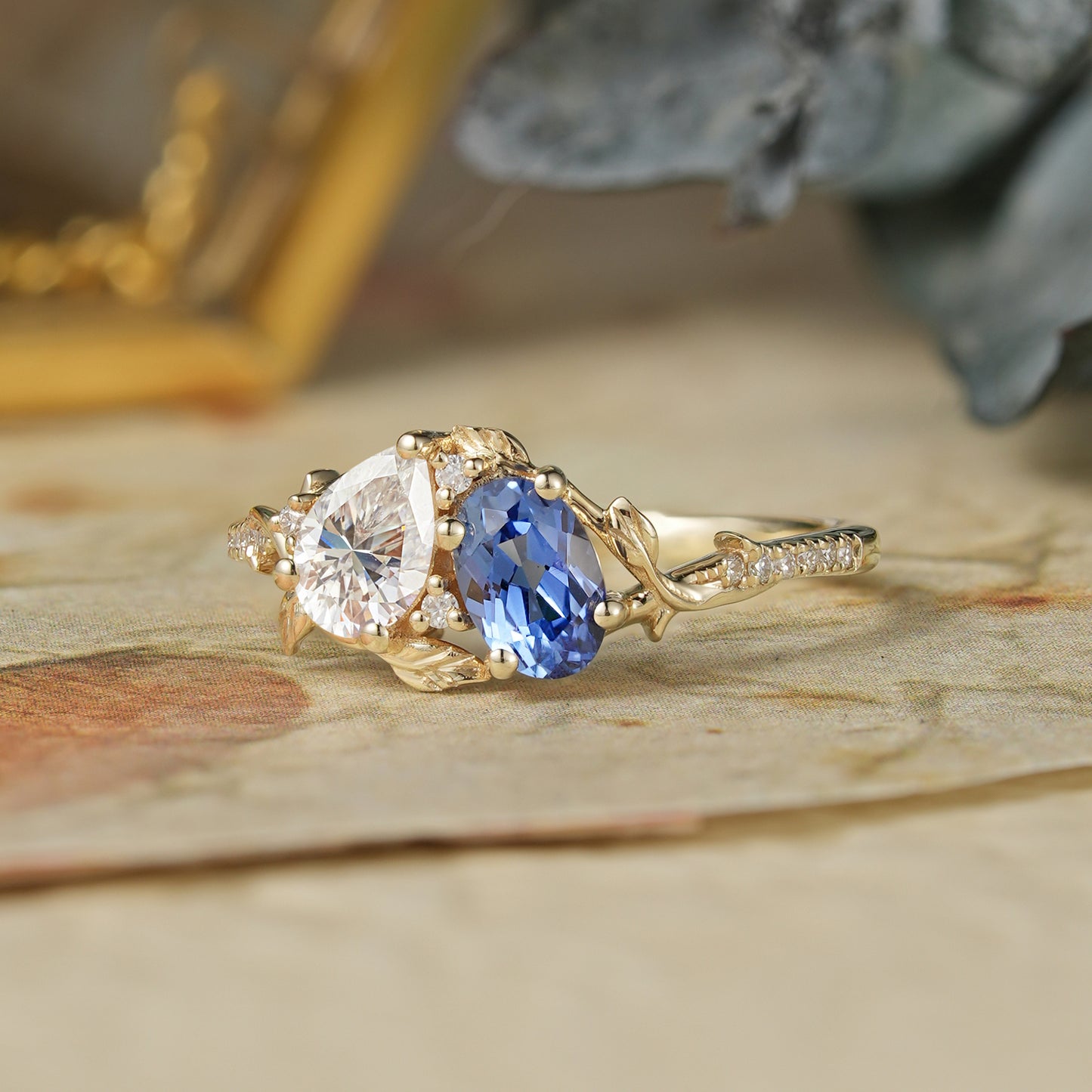 Two Stones Moissanite and Sapphire Engagement Ring