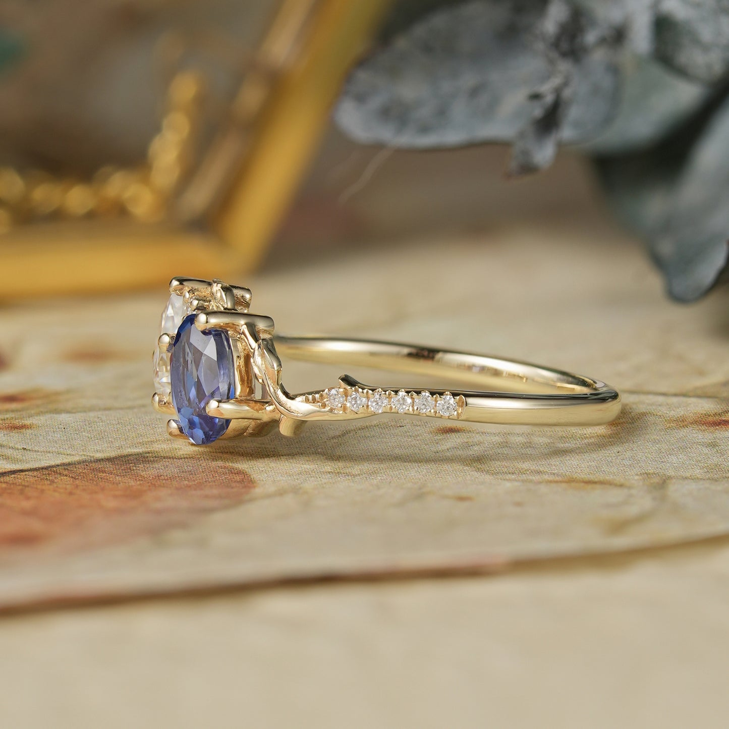 Two Stones Moissanite and Sapphire Engagement Ring