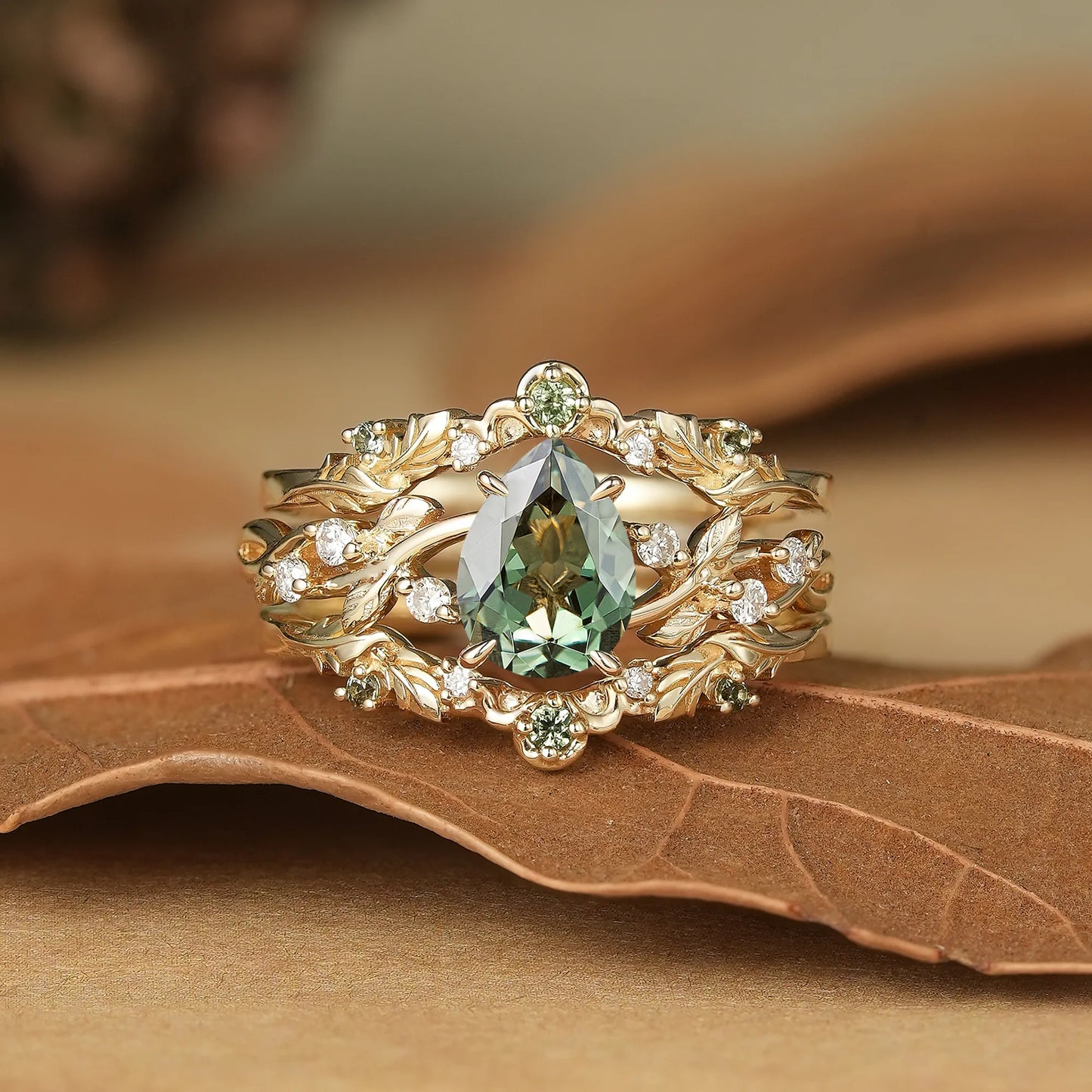 Pear Cut Green Sapphire Enhancer Ring Set