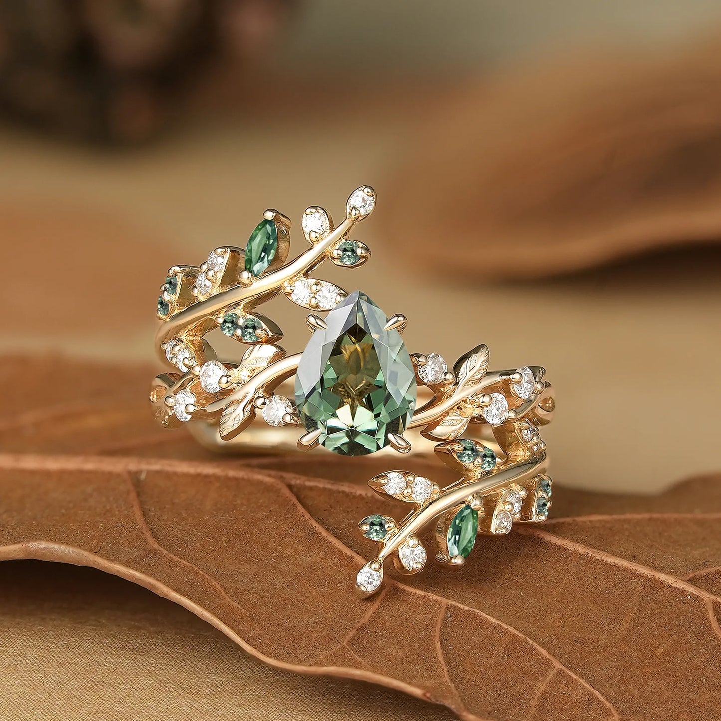 Green Sapphire Cross Leaf Ehancer Ring Set