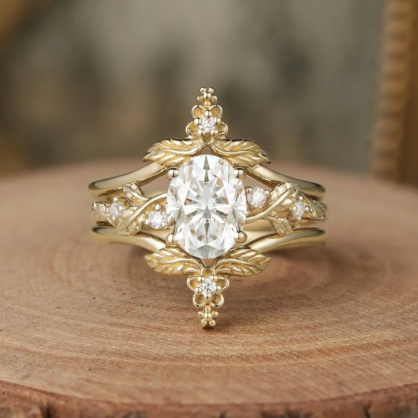 Oval Moissanite Yellow Gold Ring Set