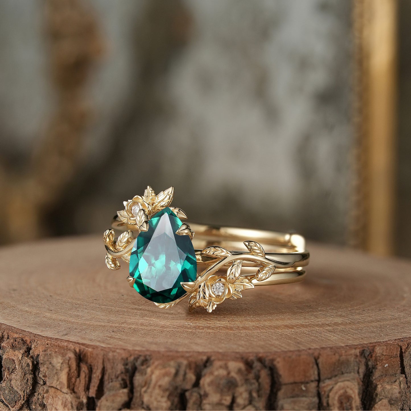 Rose Blossom: Pear-Cut Emerald Leaf Ring Set - Helena - GemsMagic