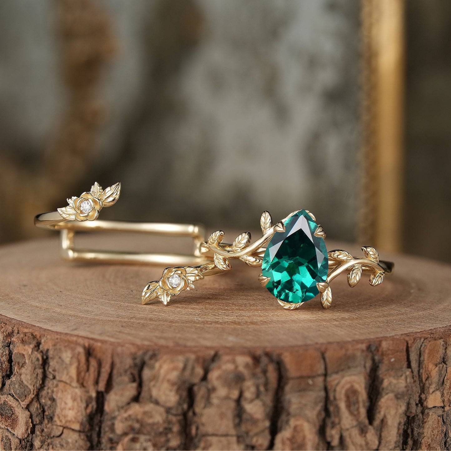 Rose Blossom: Pear-Cut Emerald Leaf Ring Set - Helena - GemsMagic