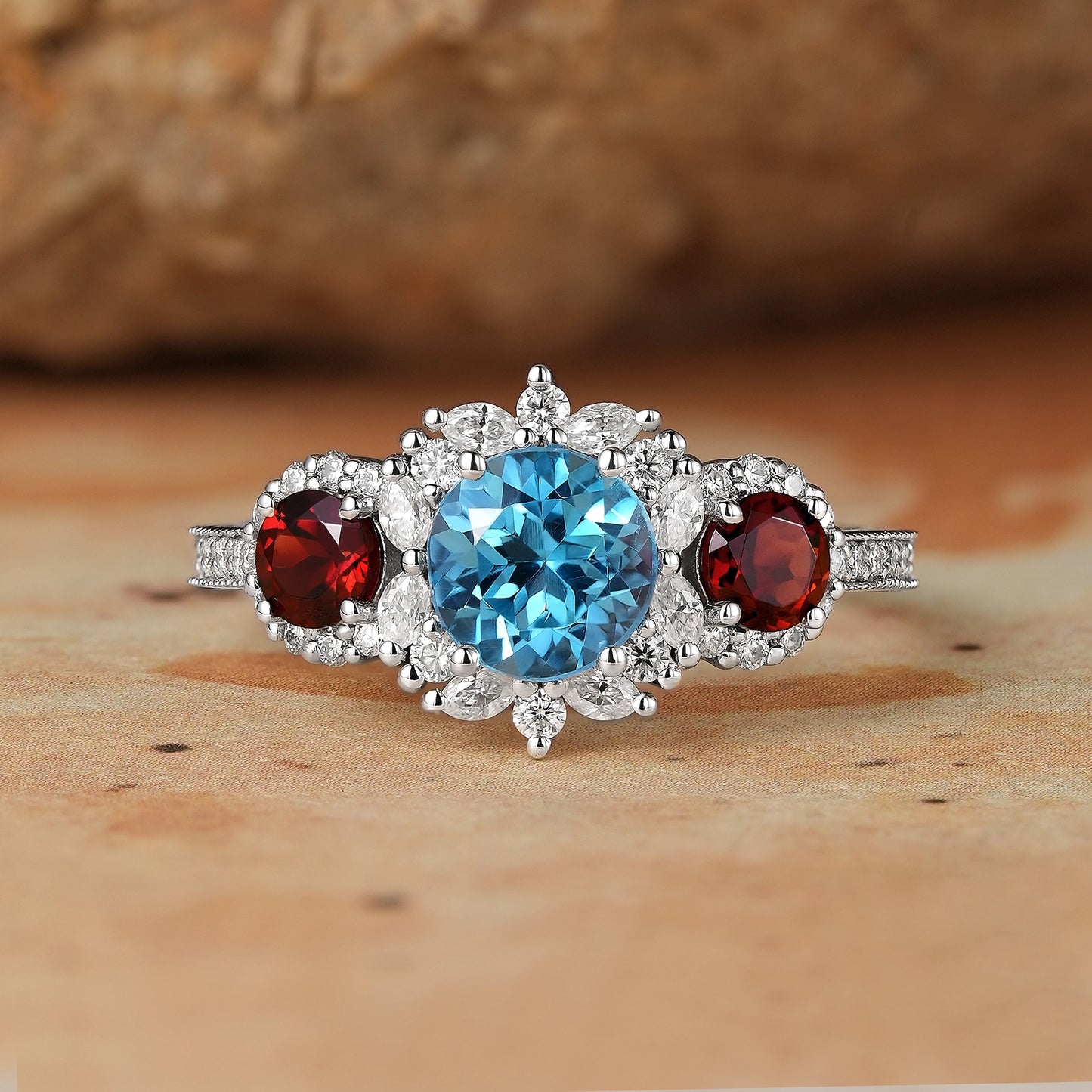 3-Stones Blue Topaz with Halo Moissanite Engagement Ring