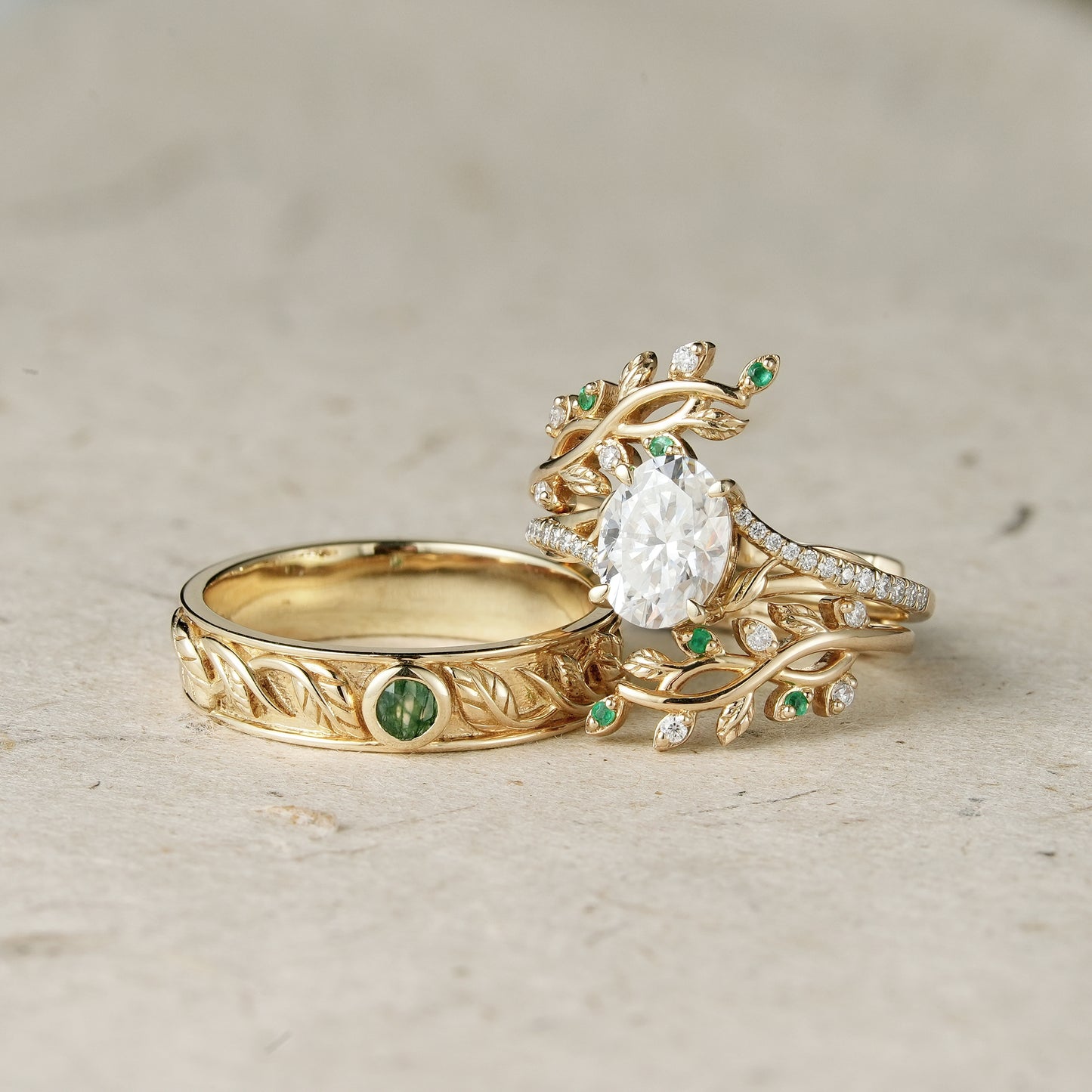 Moissanite and Moss Agate Couple Ring Set