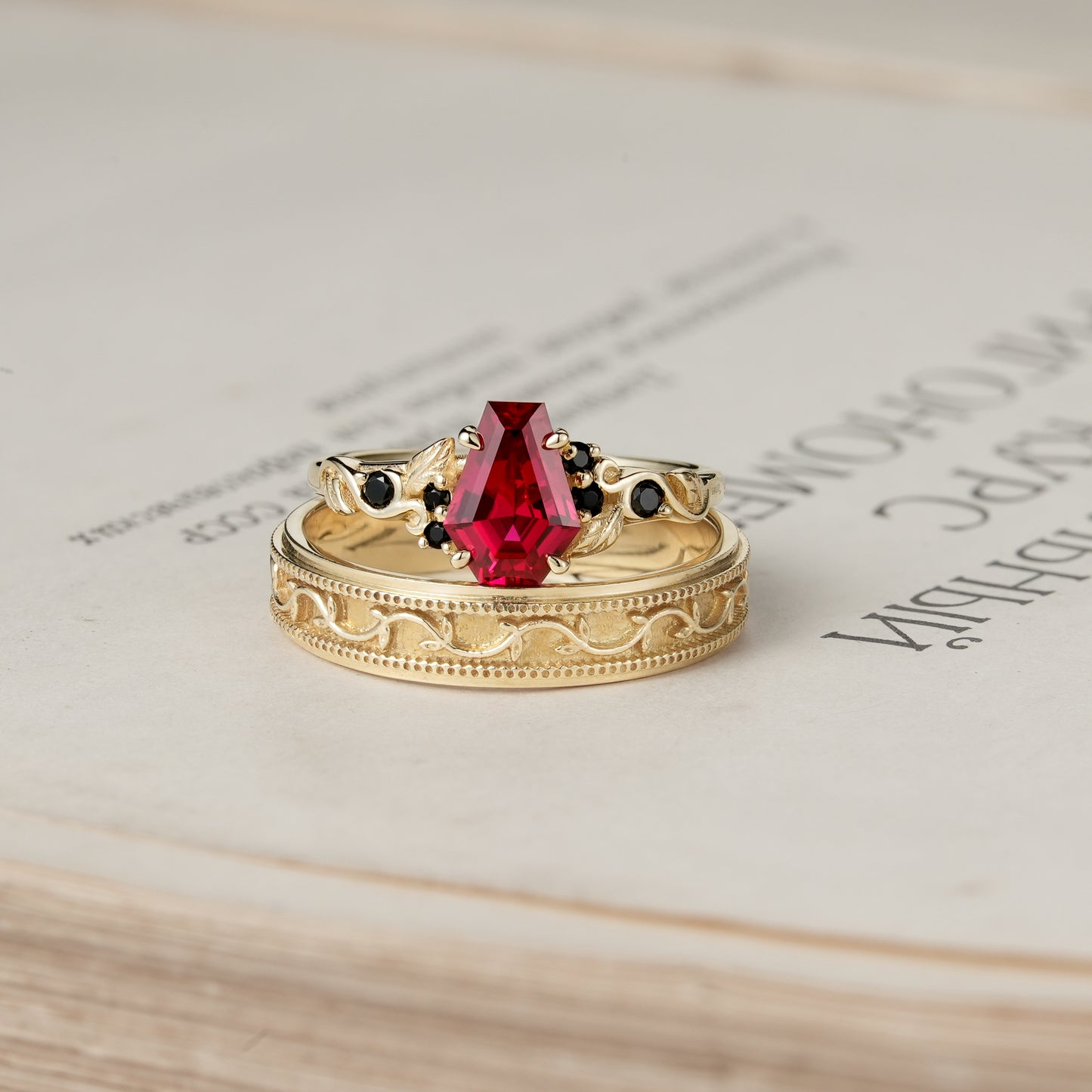 Coffin-Cut Ruby Leaf lnspired Couple Ring