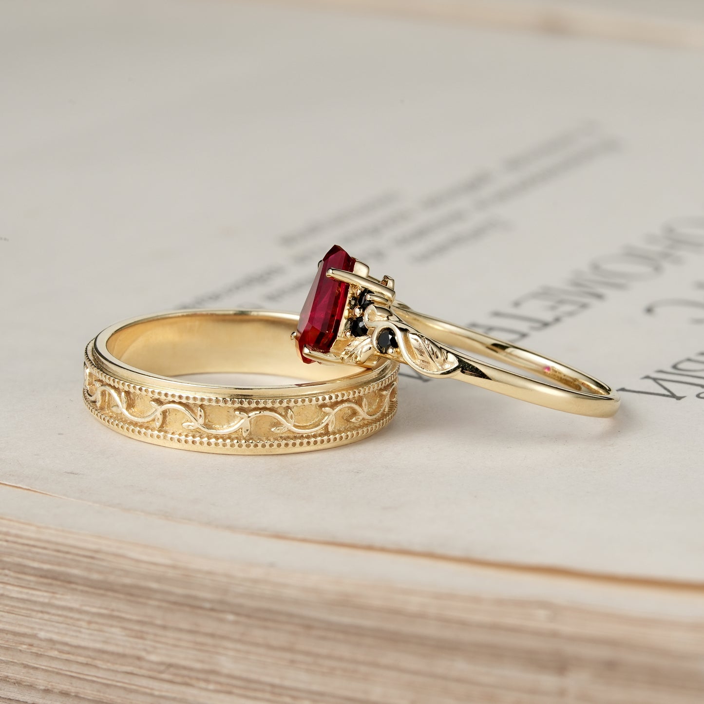 Coffin-Cut Ruby Leaf lnspired Couple Ring