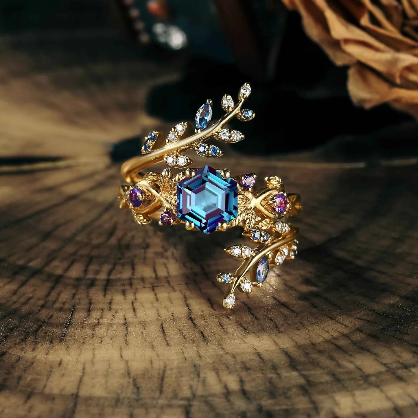 Catawbiense Inspired Alexandrite Ring Set