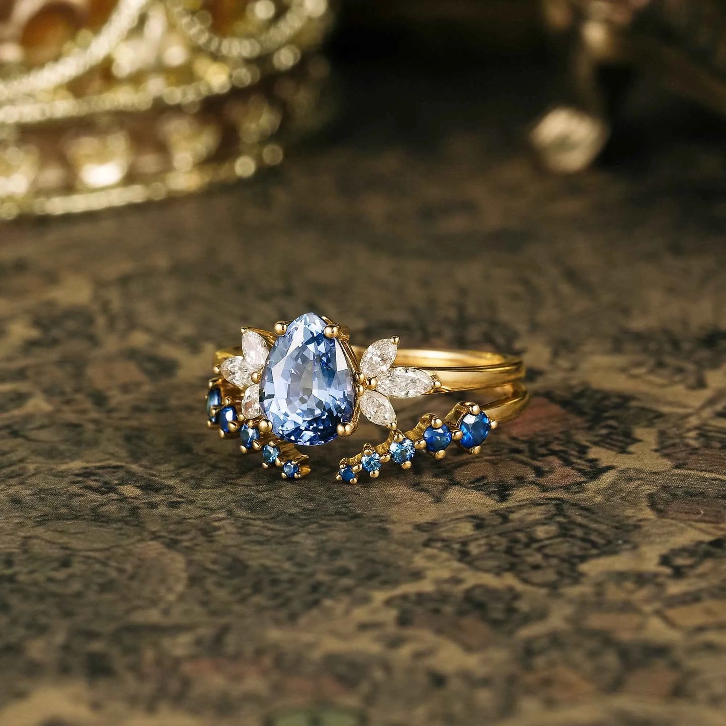 Blue Wisteria Inspired Sapphire Ring Set 2pcs