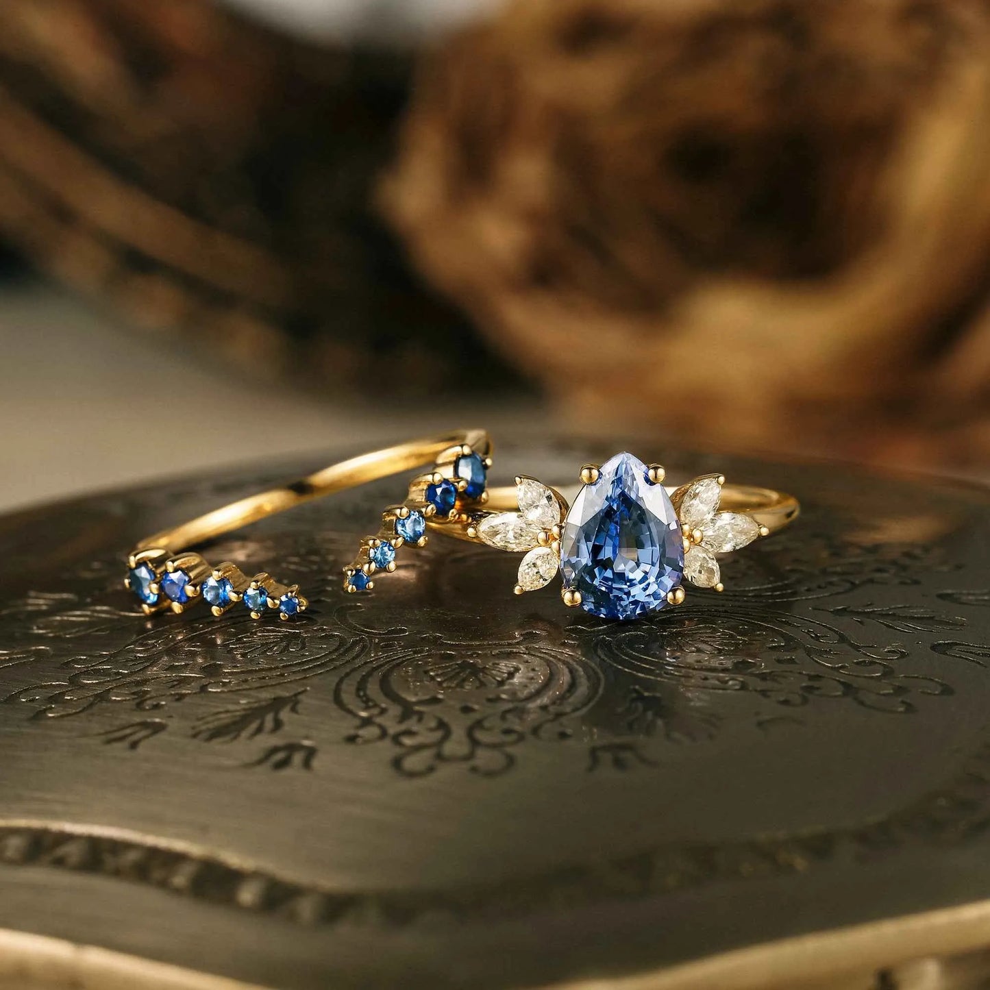 Blue Wisteria Inspired Sapphire Ring Set 2pcs