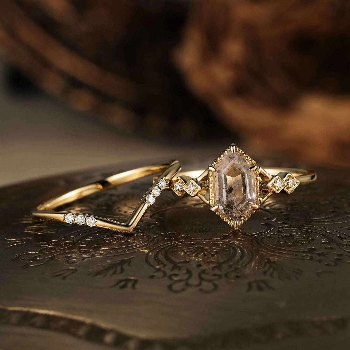 Long Hexagon Cut Herkimer Diamond Ring Set