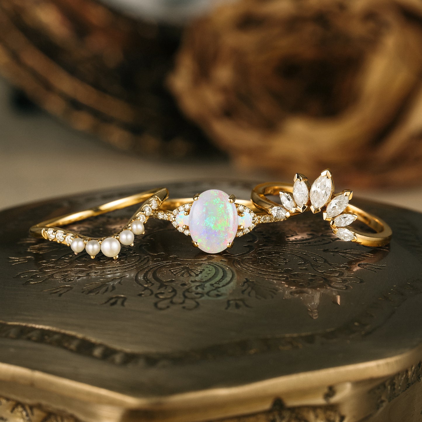 GemsMagic Bangkok Impressionist Inspired Design Opal Ring Set 3pcs