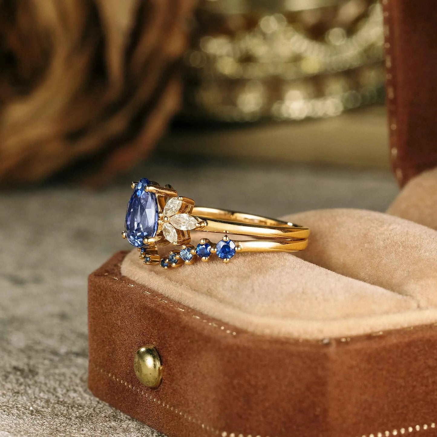 Blue Wisteria Inspired Sapphire Ring Set 2pcs