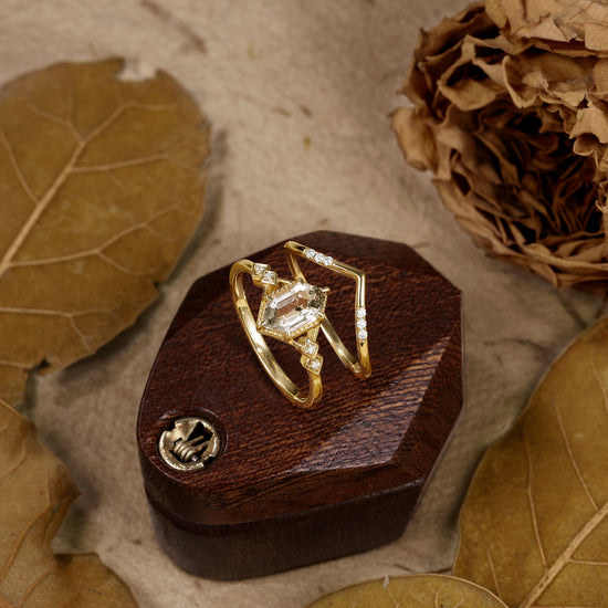 GemsMagic Long Hexagon Cut Herkimer Diamond Ring Set 2pcs