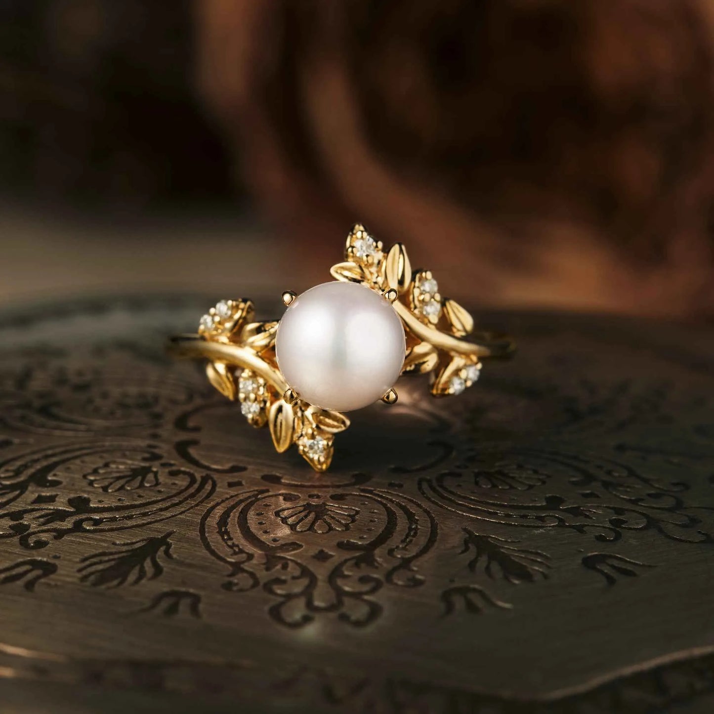 Moonlight Flower Inspired Akoya Pearl Ring
