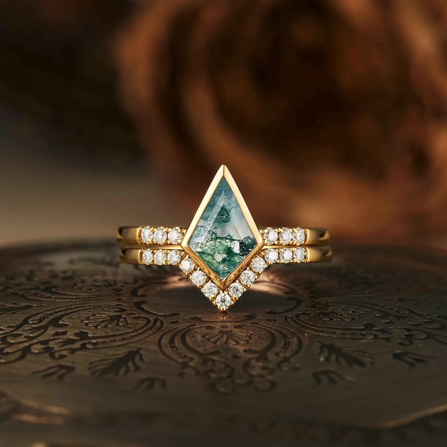 Kite Cut Moss Agate Ring Set