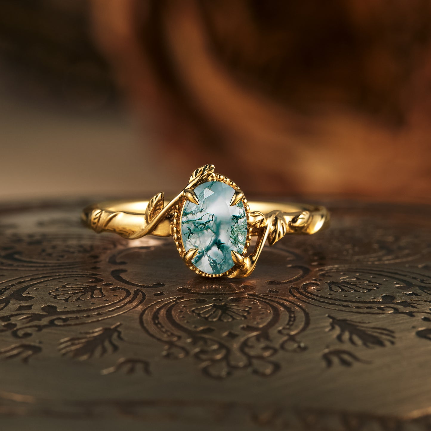 GemsMagic Oval Moss Agate Natural Inspired Leaf Engagement Ring