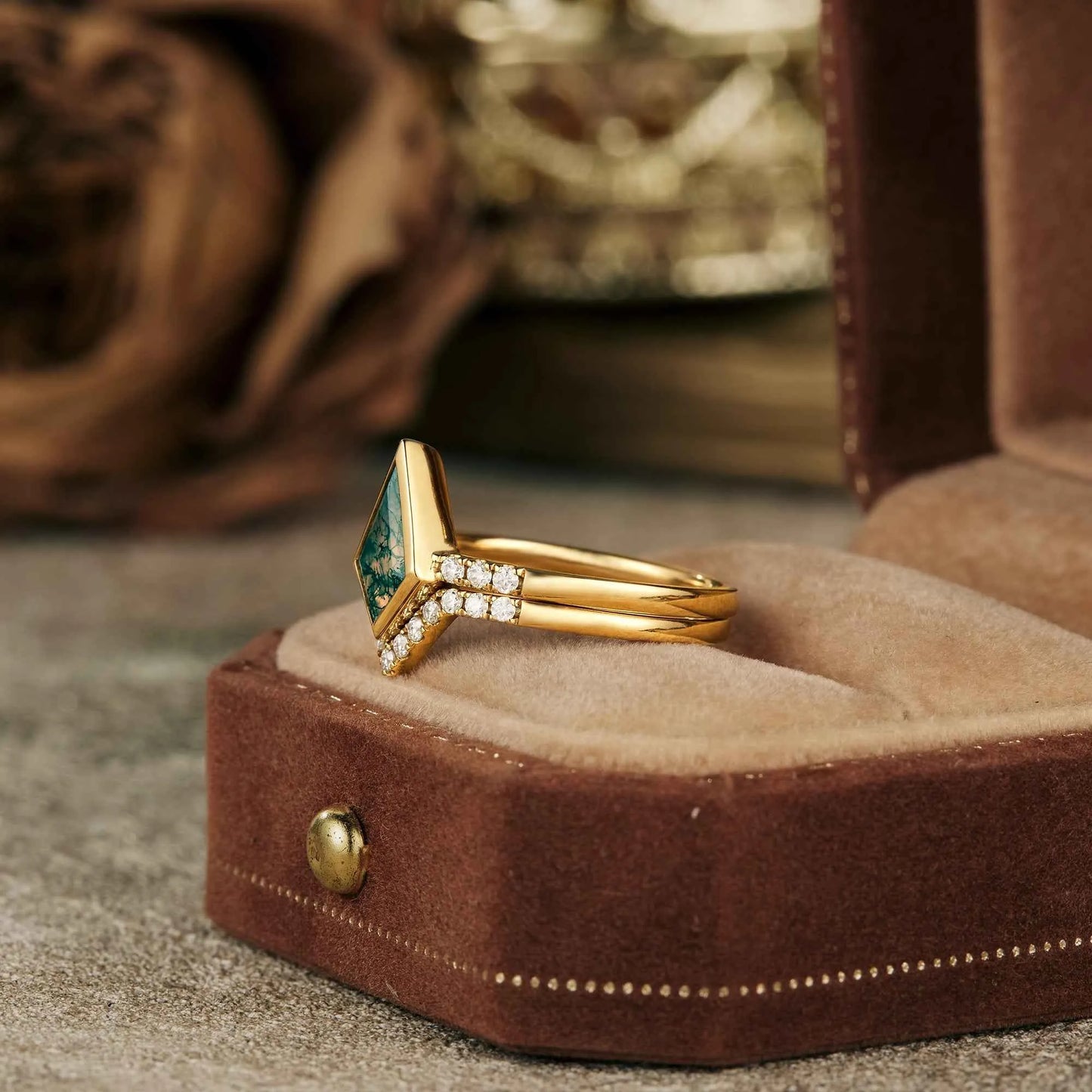 Kite Cut Moss Agate Ring Set