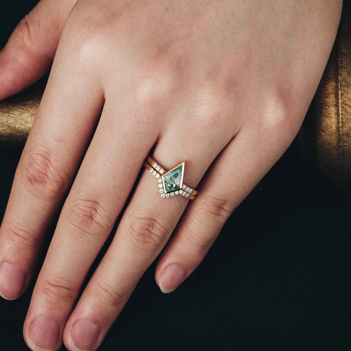 Kite Cut Moss Agate Ring Set