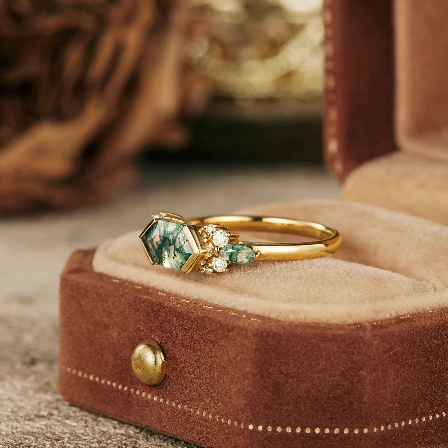 Long Hexagon Moss Agate Engagement Ring