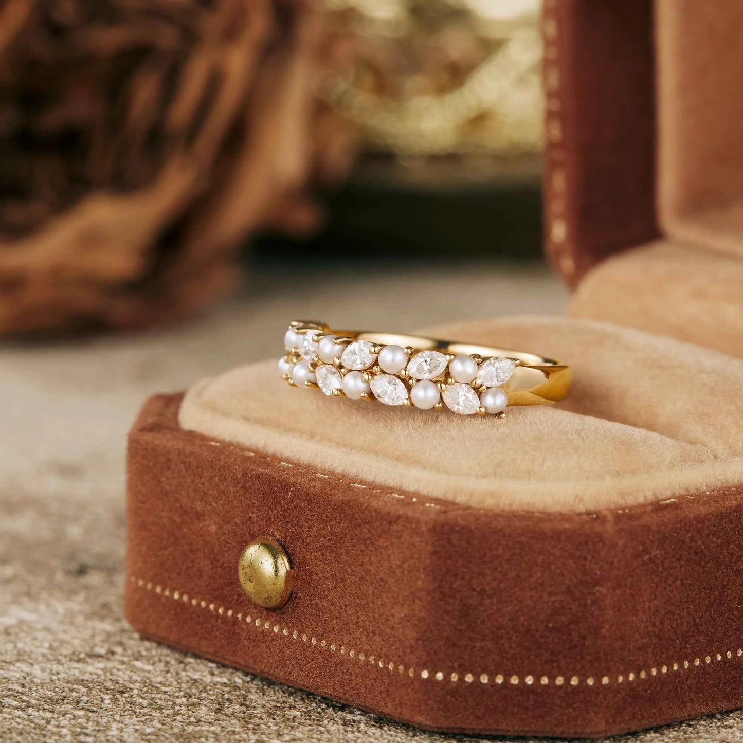 Pearl & Moissanite Wedding Band