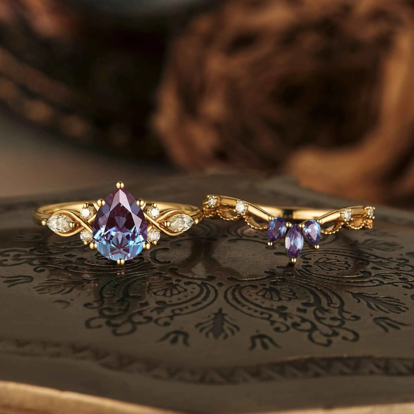 Morning Glory Inspired Alexandrite Ring Set