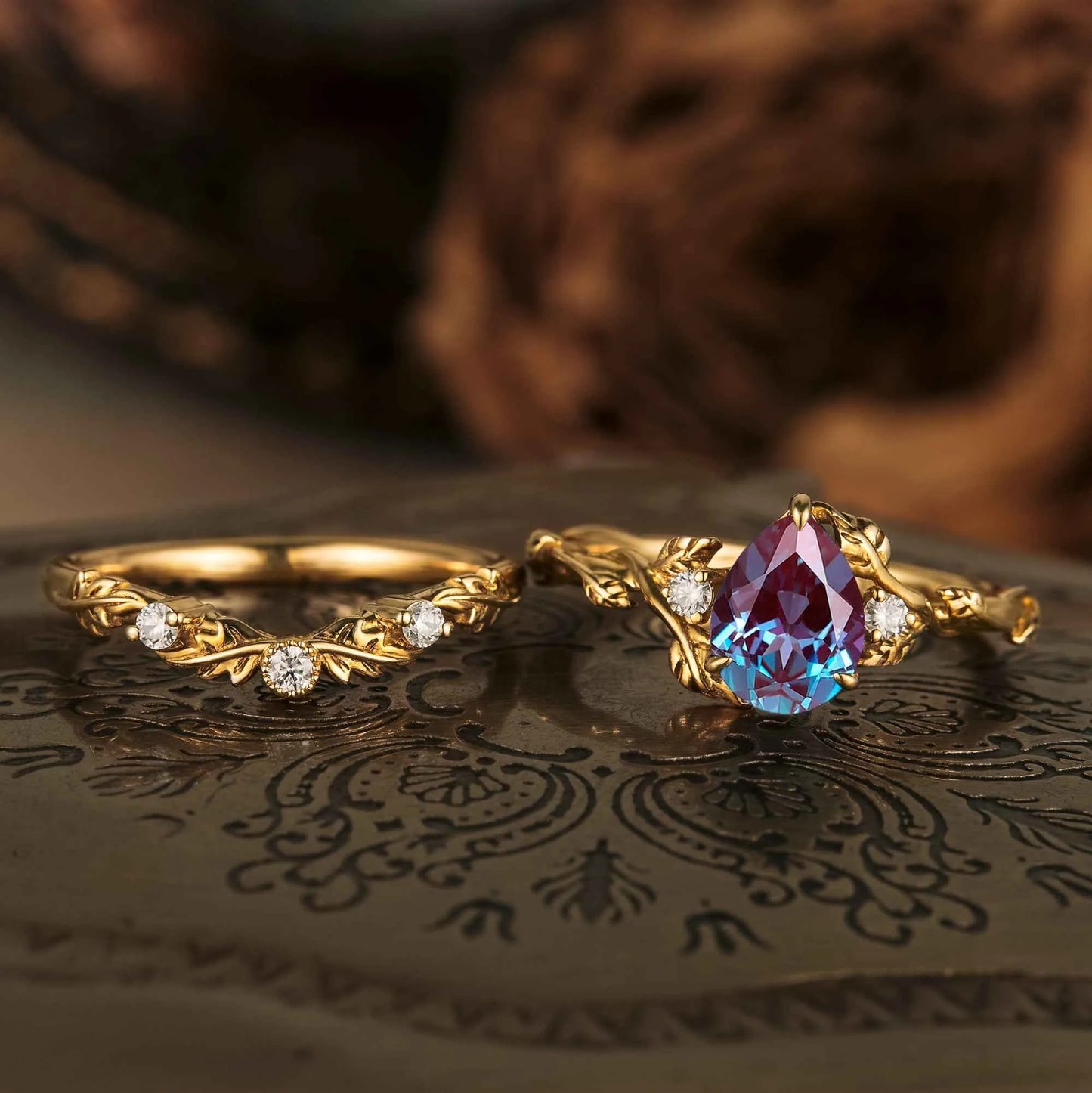 Virginia Creeper Inspired Alexandrite Ring Set