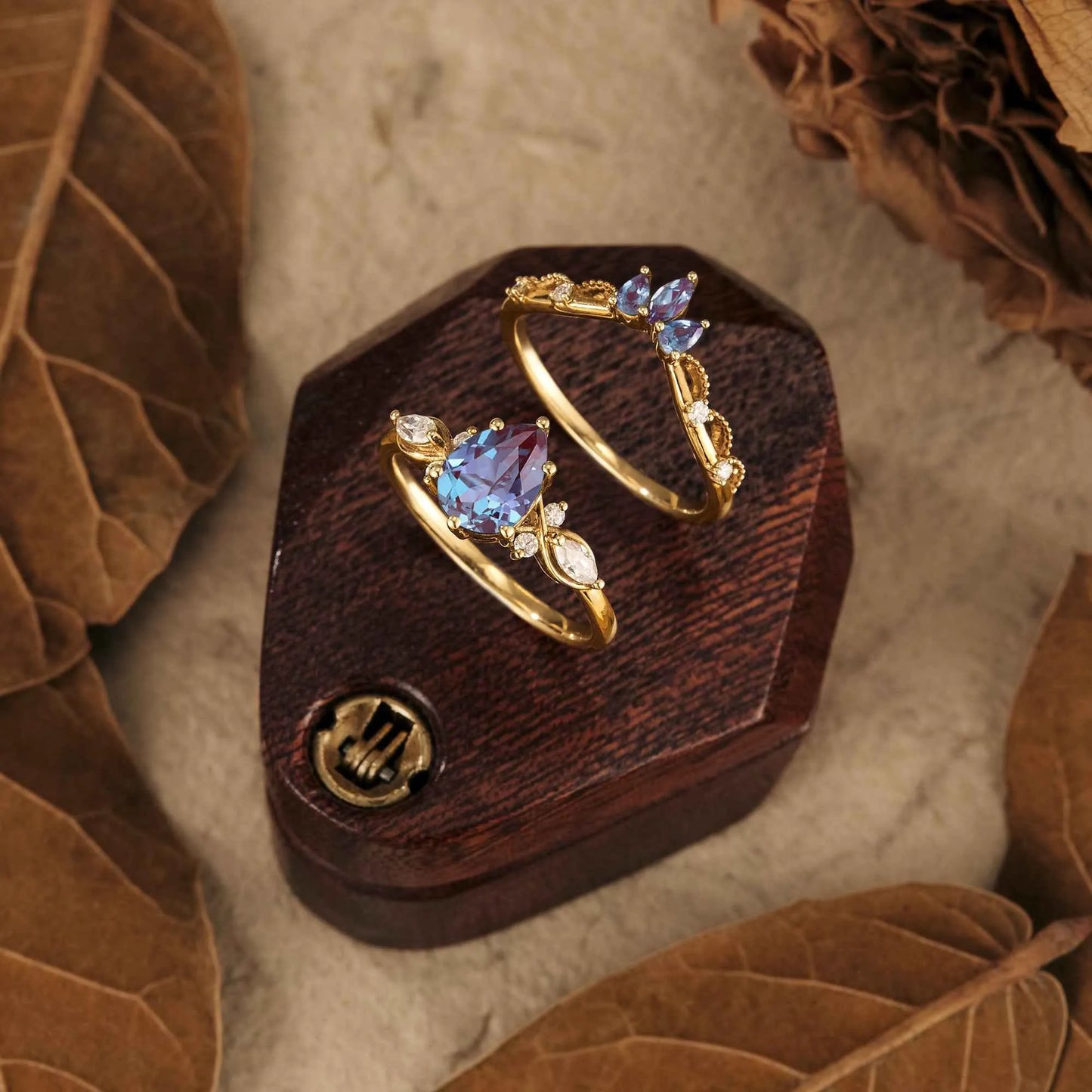 Morning Glory Inspired Alexandrite Ring Set