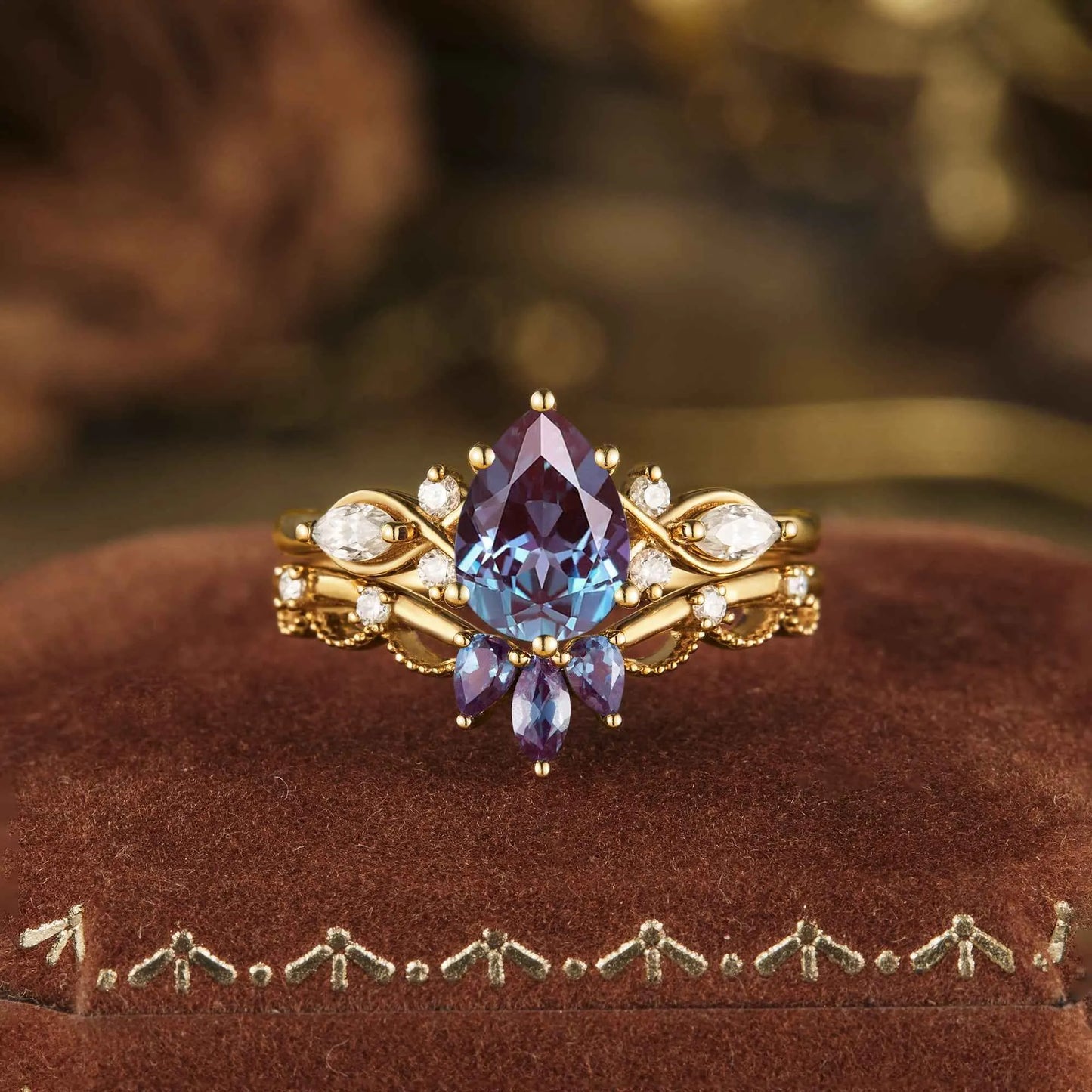 Morning Glory Inspired Alexandrite Ring Set