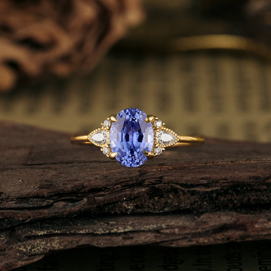 GemsMagic Oval Cut Sapphire Three-Stone Engagement Ring