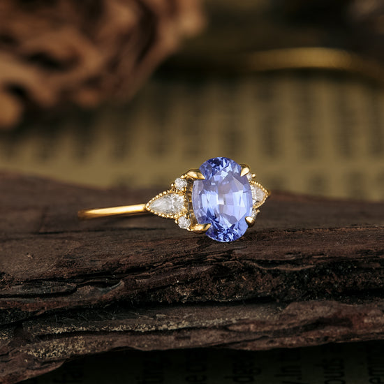 GemsMagic Oval Cut Sapphire Three-Stone Engagement Ring