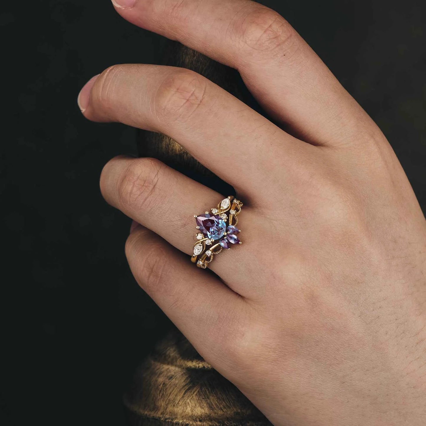 Morning Glory Inspired Alexandrite Ring Set