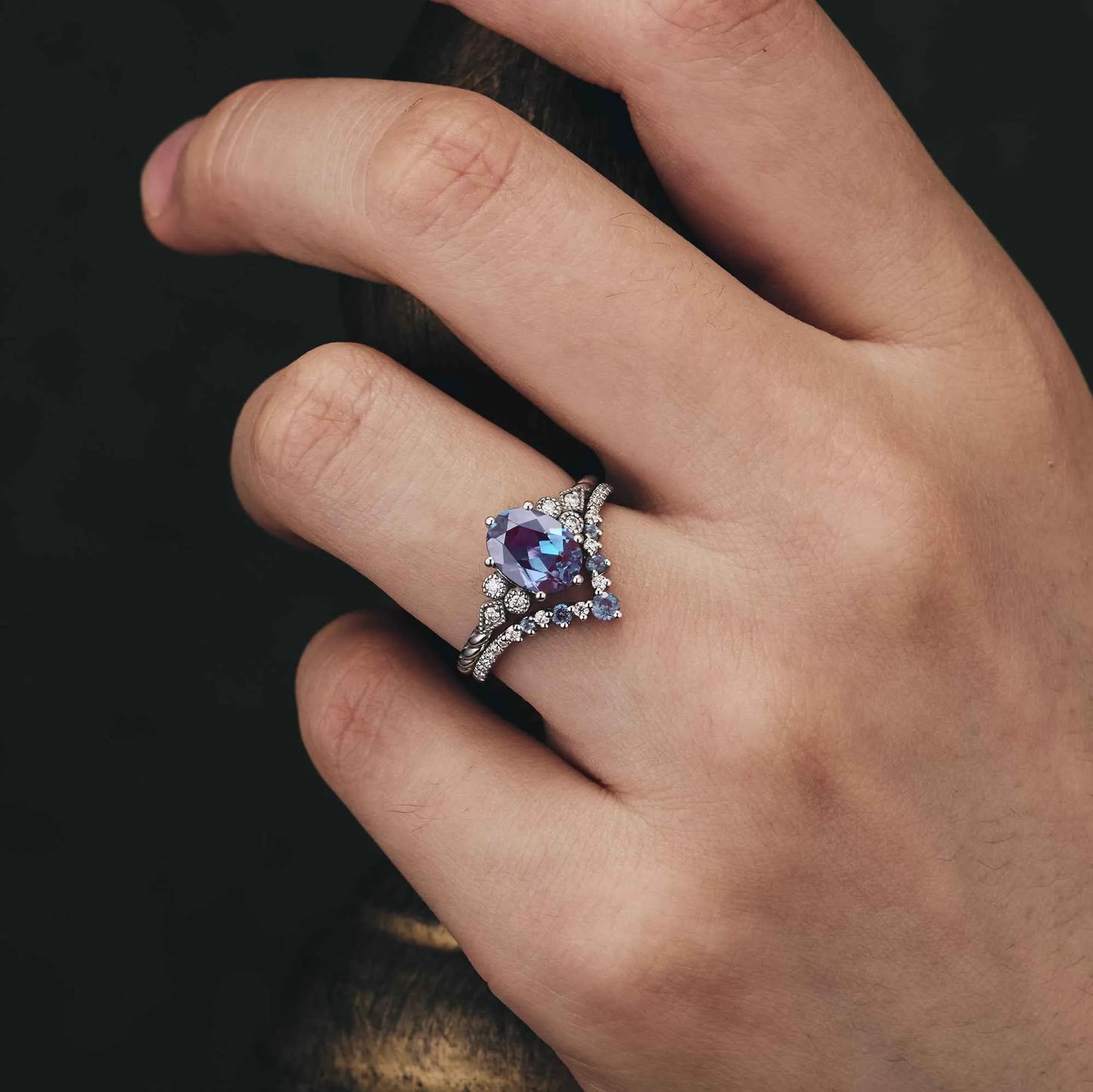 Unique Oval Alexandrite Twisted Engagement Ring Set