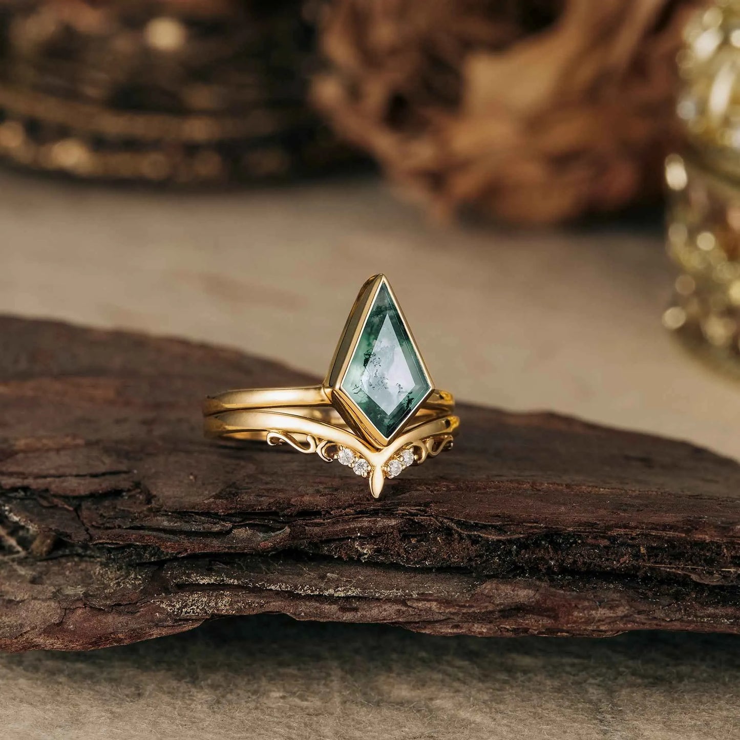 Kite Cut Moss Agate Ring Set 2pcs