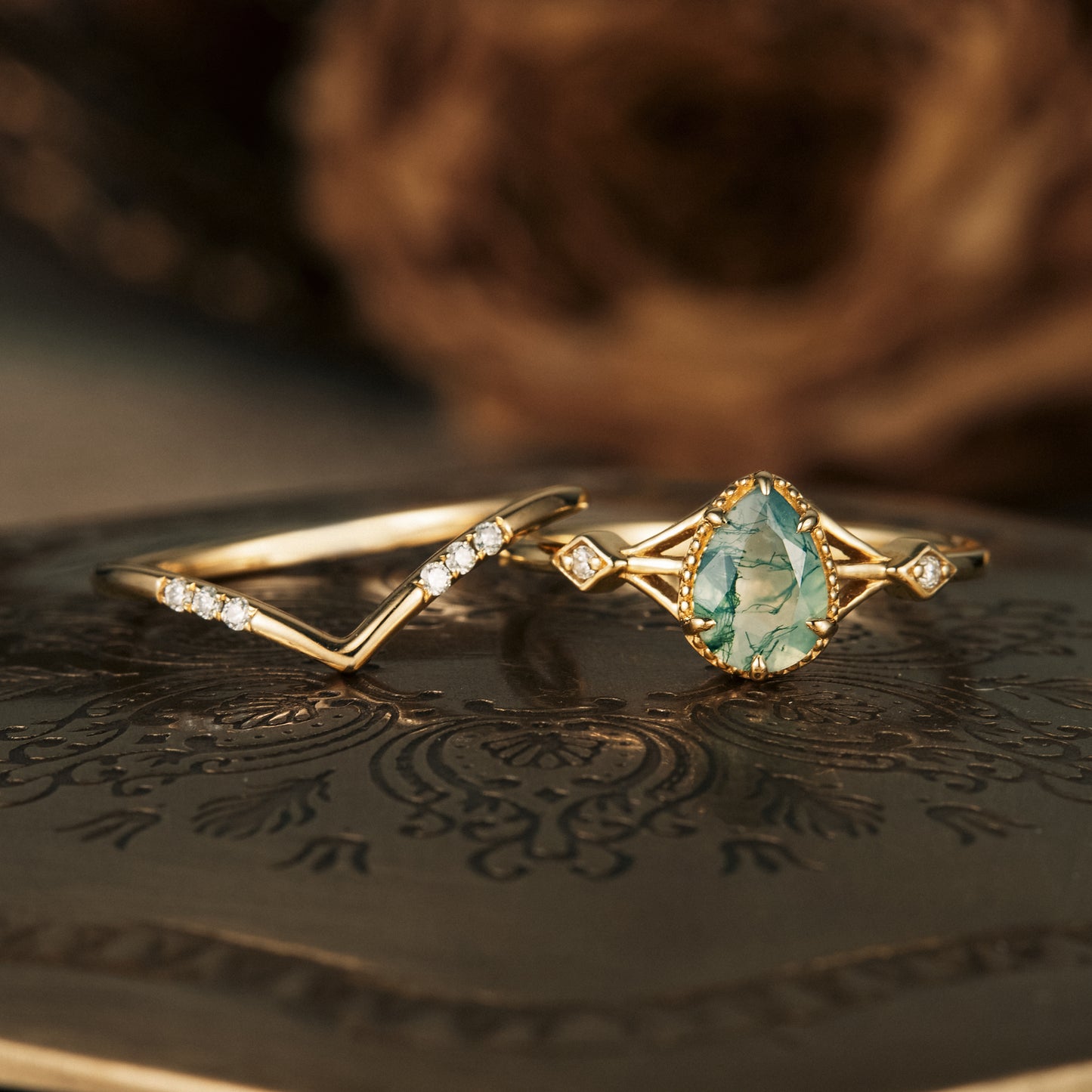 Moss Agate&Moissanite  Engagement Ring Set