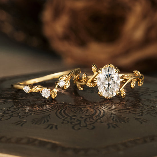 Custom Ring - GemsMagic Oval Moissanite Cluster Floral Engagement Ring Set 2pcs