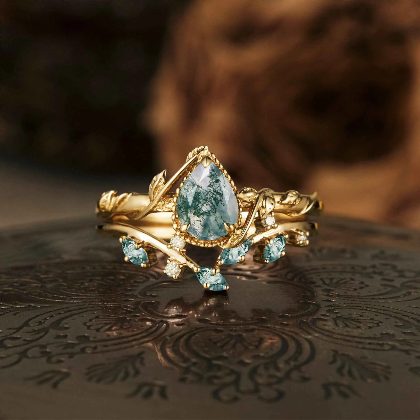 Pear Shaped Moss Agate Cluster Leaf Engagement Ring Set