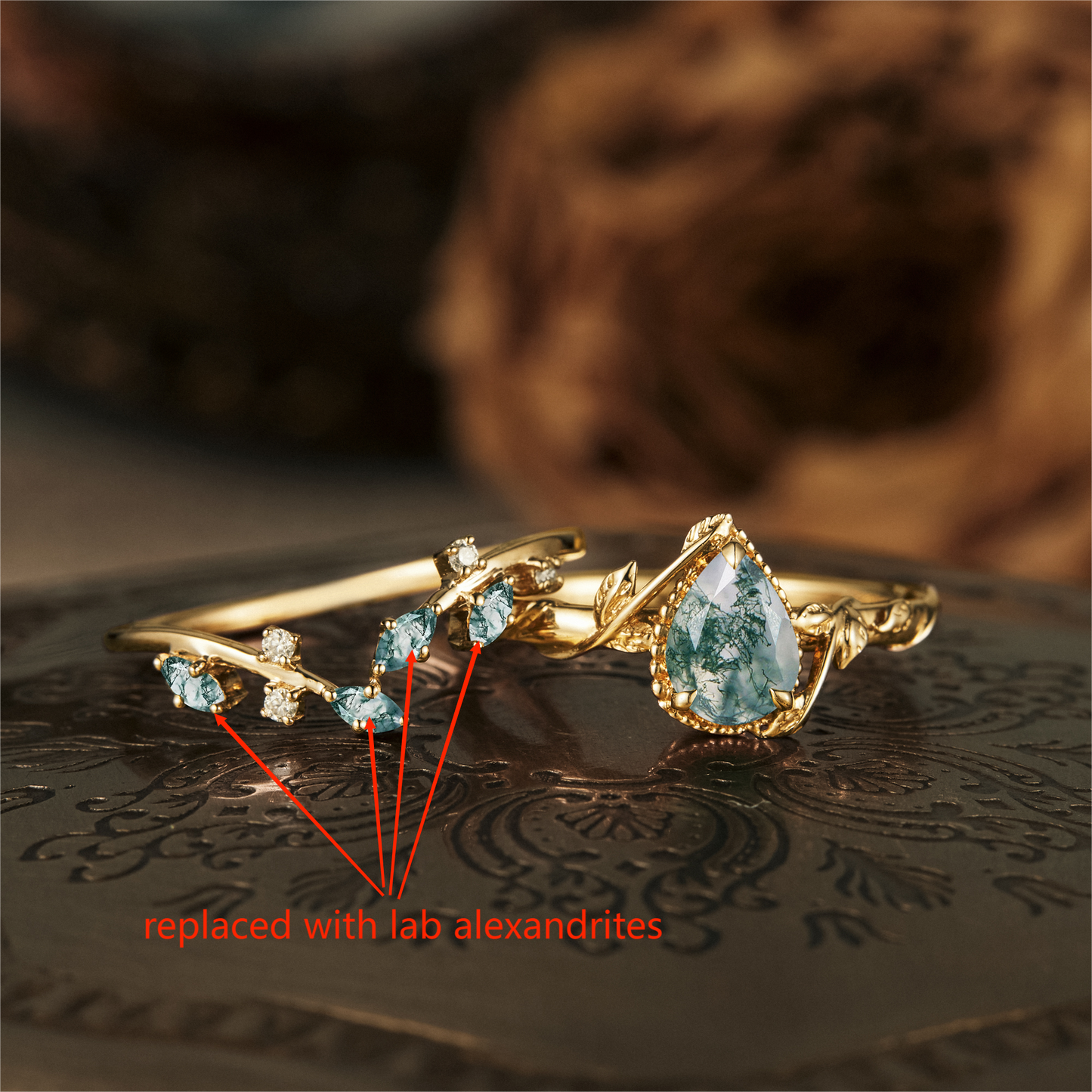 Custom Ring - GemsMagic Pear Alexandrite Leaf Design Engagement Rings 2pcs