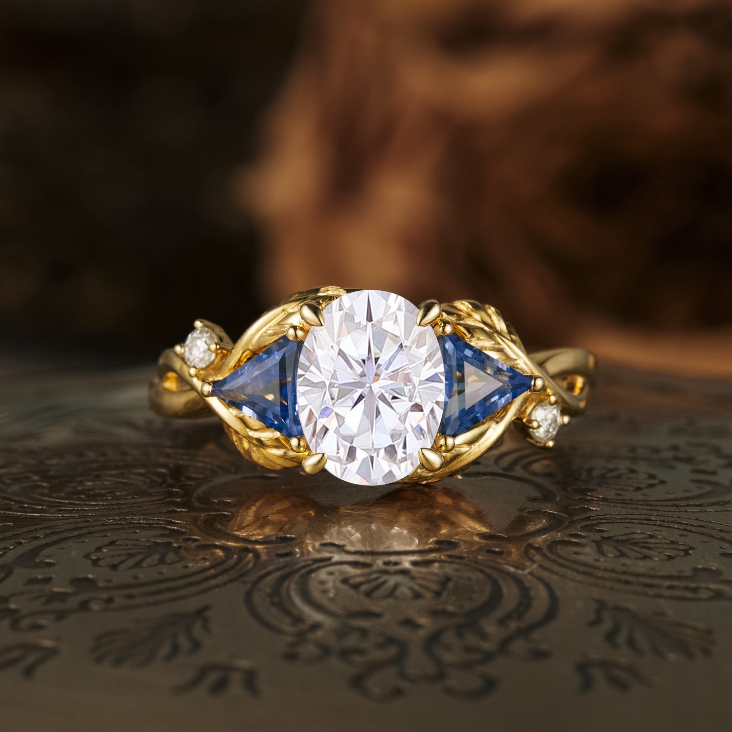 GemsMagic Oval Moissanite &Sapphire Cluster Engagement Ring