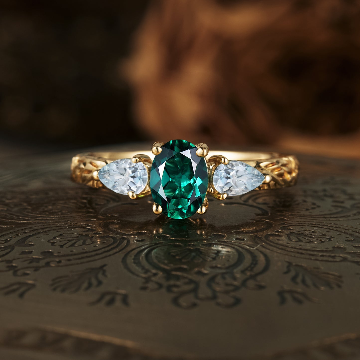 GemsMagic Oval Emerald&Aquamarine Cluster Engagement Ring